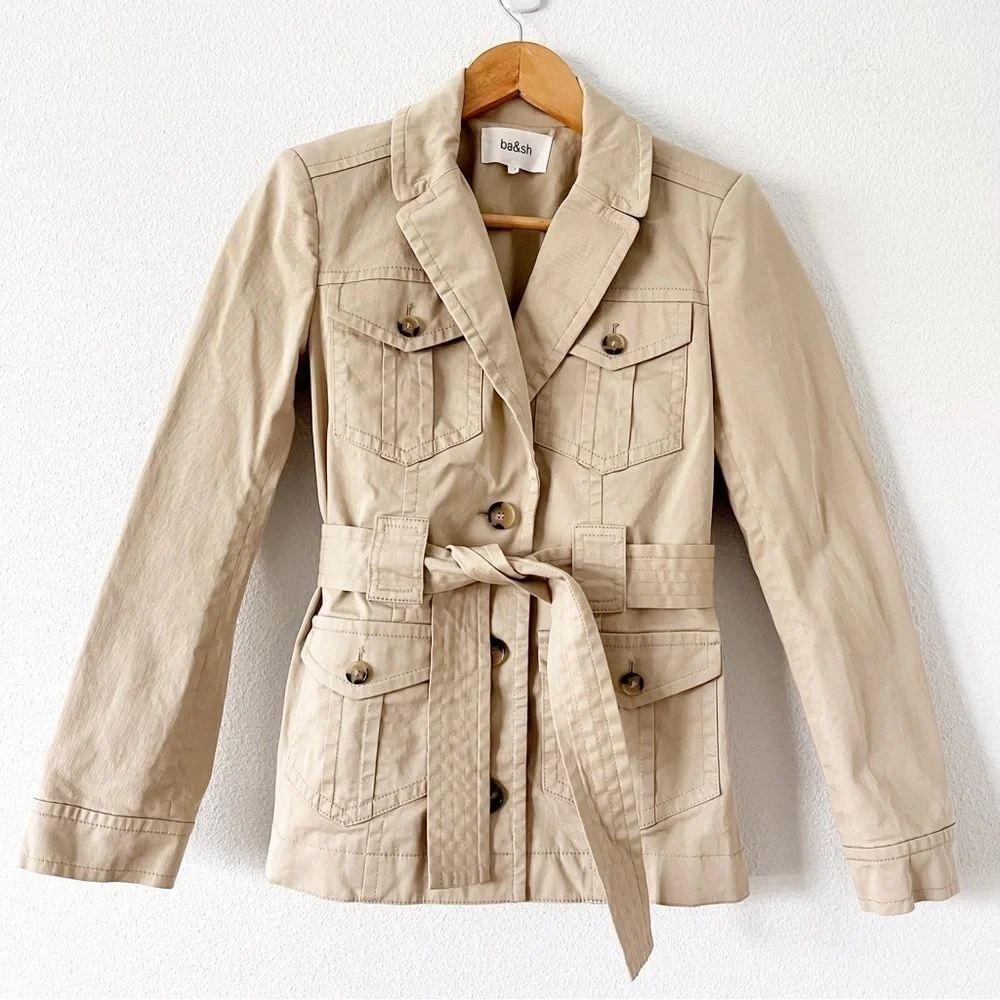 ba&sh Muse Belted Safari Utility Jacket Beige Gabardine Parisian Chic